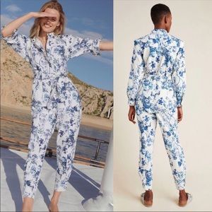 Anthropologie Jumpsuit Lucienne Blue & White Floral Belted Coveralls Size US 6